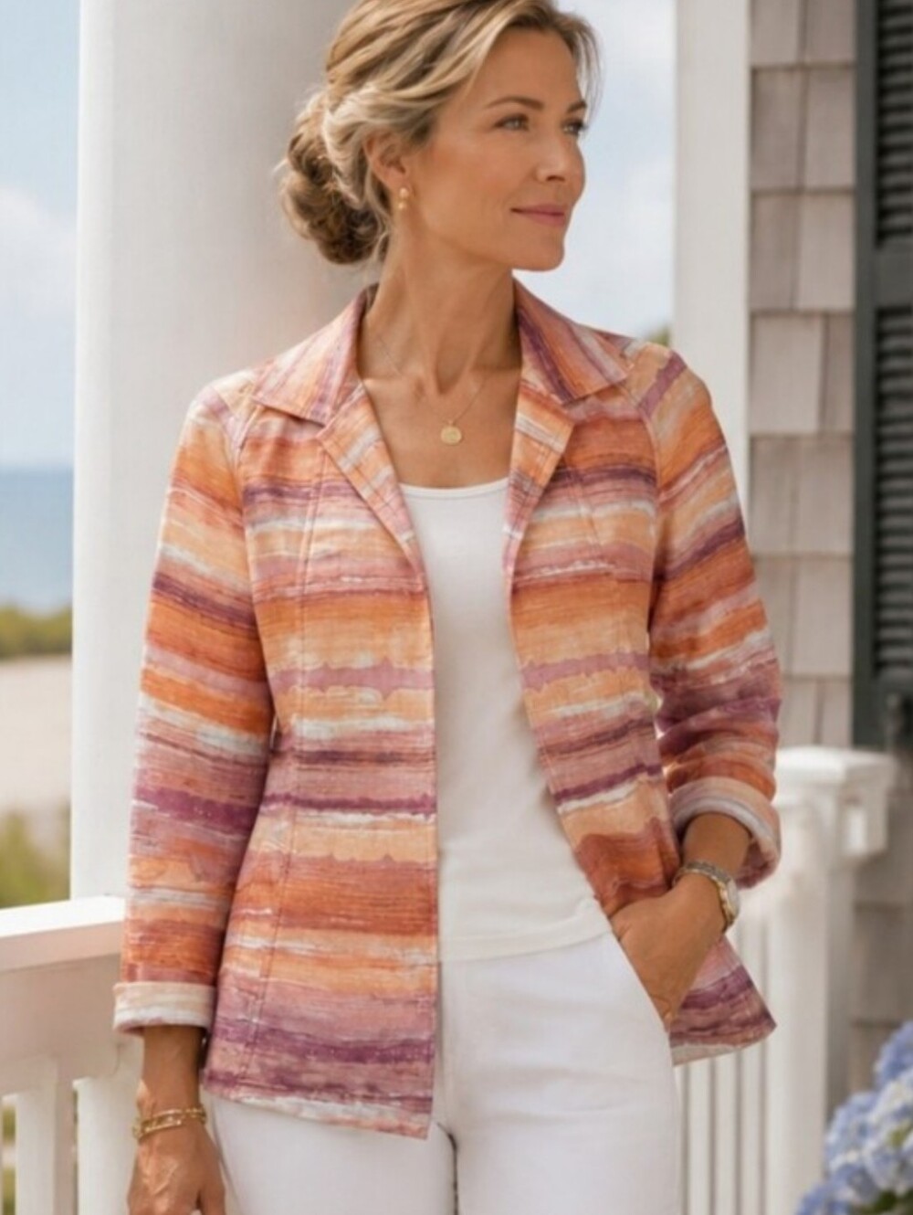 Linen Blend Sunset Hues Orange/ Yellow Sunset Colors Open Front Blazer Sz M